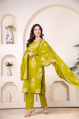 Pure Fine Cotton Add Work  kurti pant dupatta set