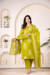 Pure Fine Cotton Add Work  kurti pant dupatta set