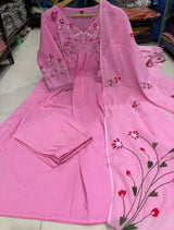 Premium Cotton  neckline embroidery kurti pant dupatta set