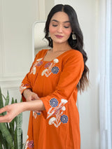 Soft Cotton Slub  Premium Multi-Floral Embroidered Kurti Set