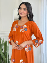 Soft Cotton Slub  Premium Multi-Floral Embroidered Kurti Set