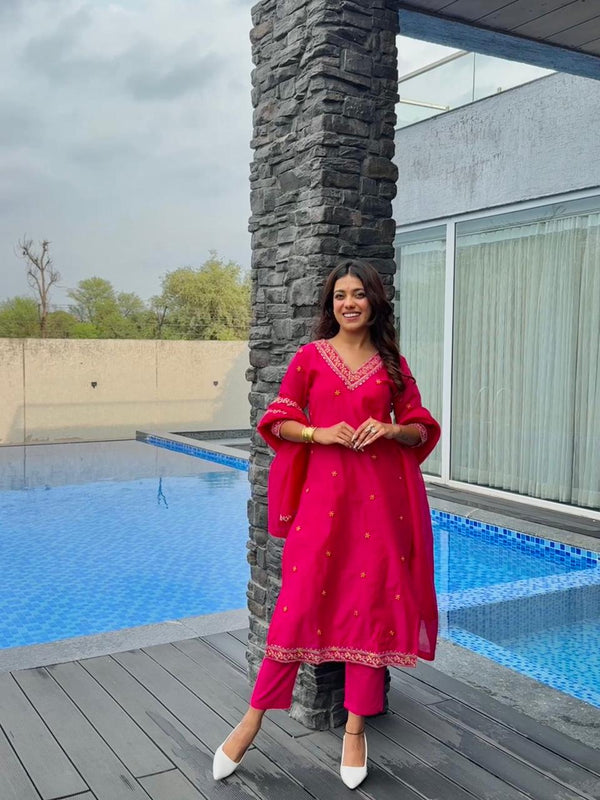 Premium Chanderi with Cotton Lining Hot Pink Chanderi Kurta Set