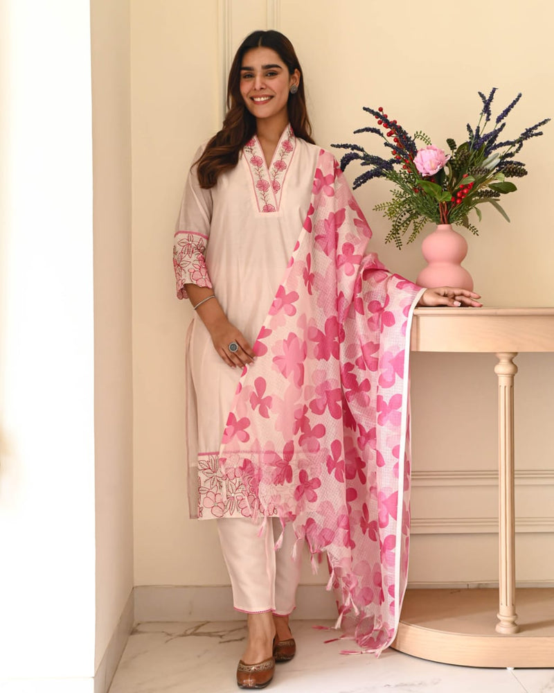 Pastel Blush Pink Mul Cotton Flex Suit Set Kota Doriya Dupatta