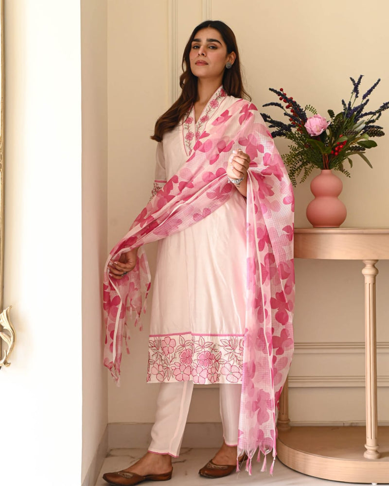 Pastel Blush Pink Mul Cotton Flex Suit Set Kota Doriya Dupatta