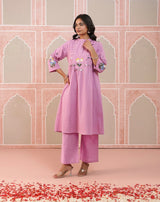 Women Cotton Flex Embroidered Pink Co-Ord Set | Kurta Sets