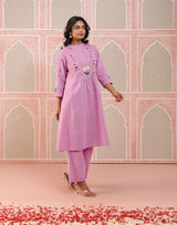 Women Cotton Flex Embroidered Pink Co-Ord Set | Kurta Sets