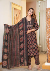 Women Pure Cotton 60x60 Embroidered Kurta Pant Set with Mulmul Dupatta
