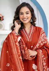 Premium Heavy Cotton Embroidered Kurti Pant Dupatta Set | M–7XL Women Ethnic Wear