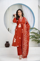 Premium Heavy Cotton Embroidered Kurti Pant Dupatta Set | M–7XL Women Ethnic Wear