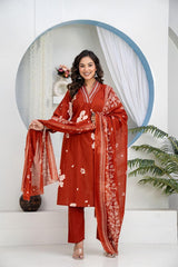 Premium Heavy Cotton Embroidered Kurti Pant Dupatta Set | M–7XL Women Ethnic Wear