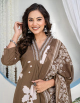 Premium Heavy Cotton Embroidered Kurti Pant Dupatta Set | M–7XL Women Ethnic Wear