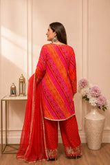 Women’s Red Cotton Farshi Salwar Suit Set with Dupatta | Bandhani Print Embroidered Kurta Set