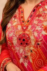 Women’s Red Cotton Farshi Salwar Suit Set with Dupatta | Bandhani Print Embroidered Kurta Set
