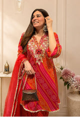 Women’s Red Cotton Farshi Salwar Suit Set with Dupatta | Bandhani Print Embroidered Kurta Set