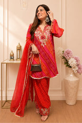 Women’s Red Cotton Farshi Salwar Suit Set with Dupatta | Bandhani Print Embroidered Kurta Set