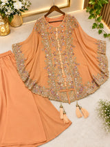 Sequin Embroidered Kurta Palazzo Set with Shrug for Women | Faux Georgette Party Wear Suit