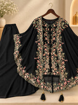 Sequin Embroidered Kurta Palazzo Set with Shrug for Women | Faux Georgette Party Wear Suit