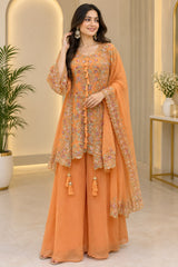 Sequin Embroidered Kurta Palazzo Set with Shrug for Women | Faux Georgette Party Wear Suit