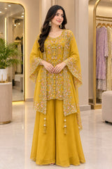 Sequin Embroidered Kurta Palazzo Set with Shrug for Women | Faux Georgette Party Wear Suit