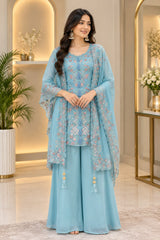 Sequin Embroidered Kurta Palazzo Set with Shrug for Women | Faux Georgette Party Wear Suit