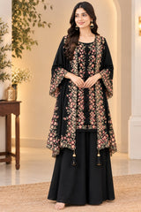 Sequin Embroidered Kurta Palazzo Set with Shrug for Women | Faux Georgette Party Wear Suit