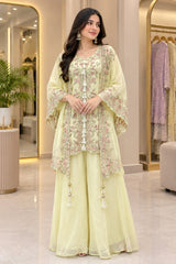 Sequin Embroidered Kurta Palazzo Set with Shrug for Women | Faux Georgette Party Wear Suit