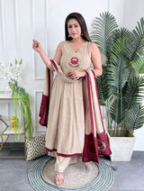 Women’s Cream Cotton Anarkali Kurta Pant Set with Lotus Embroidery & Mulmul Dupatta