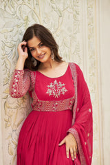 Women’s Rani Pink Georgette Anarkali Gown with Heavy Sequin Embroidery & Dupatta