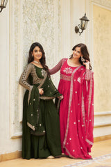 Women’s Rani Pink Georgette Anarkali Gown with Heavy Sequin Embroidery & Dupatta