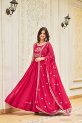 Women’s Rani Pink Georgette Anarkali Gown with Heavy Sequin Embroidery & Dupatta