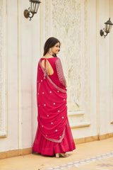 Women’s Rani Pink Georgette Anarkali Gown with Heavy Sequin Embroidery & Dupatta