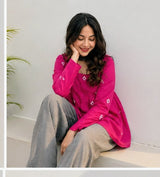 Women's Pink Printed Short Anarkali Kurti Top with Square Neck |Trendy Casual Wear