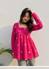 Women's Pink Printed Short Anarkali Kurti Top with Square Neck |Trendy Casual Wear