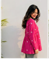 Women's Pink Printed Short Anarkali Kurti Top with Square Neck |Trendy Casual Wear