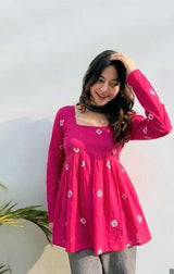 Women's Pink Printed Short Anarkali Kurti Top with Square Neck |Trendy Casual Wear