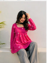 Women's Pink Printed Short Anarkali Kurti Top with Square Neck |Trendy Casual Wear