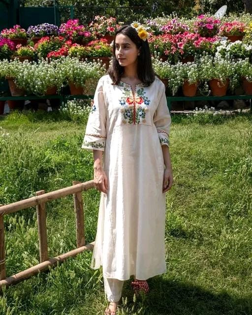 Off White Embroidered Cotton Kurta and Pant Set