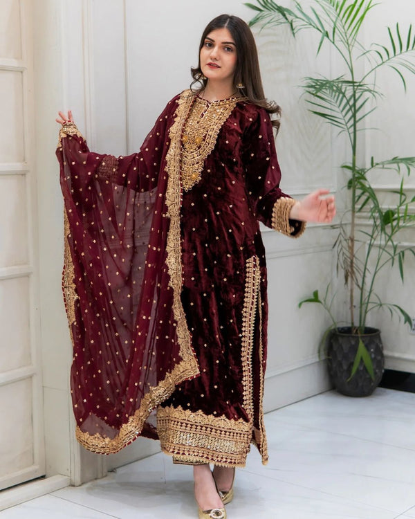 Stunning Party Wear Viscose Velvet Outfit with Designer Top, Dupatta & Embroidered Sequance Work