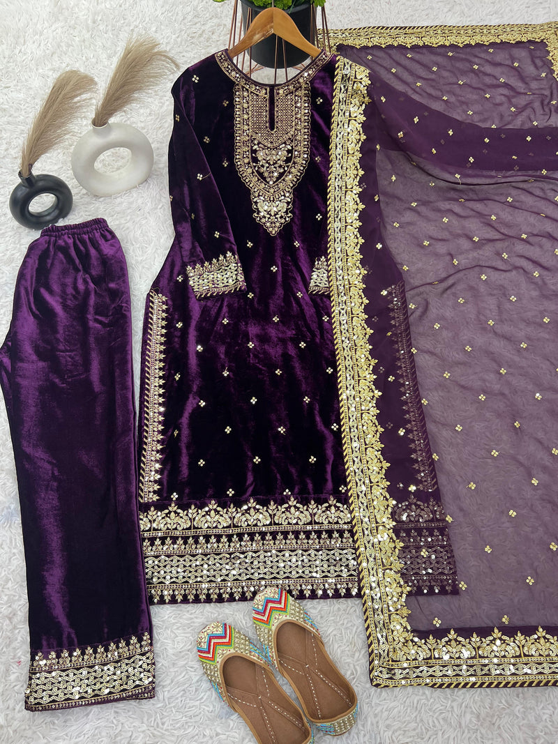Stunning Party Wear Viscose Velvet Outfit with Designer Top, Dupatta & Embroidered Sequance Work