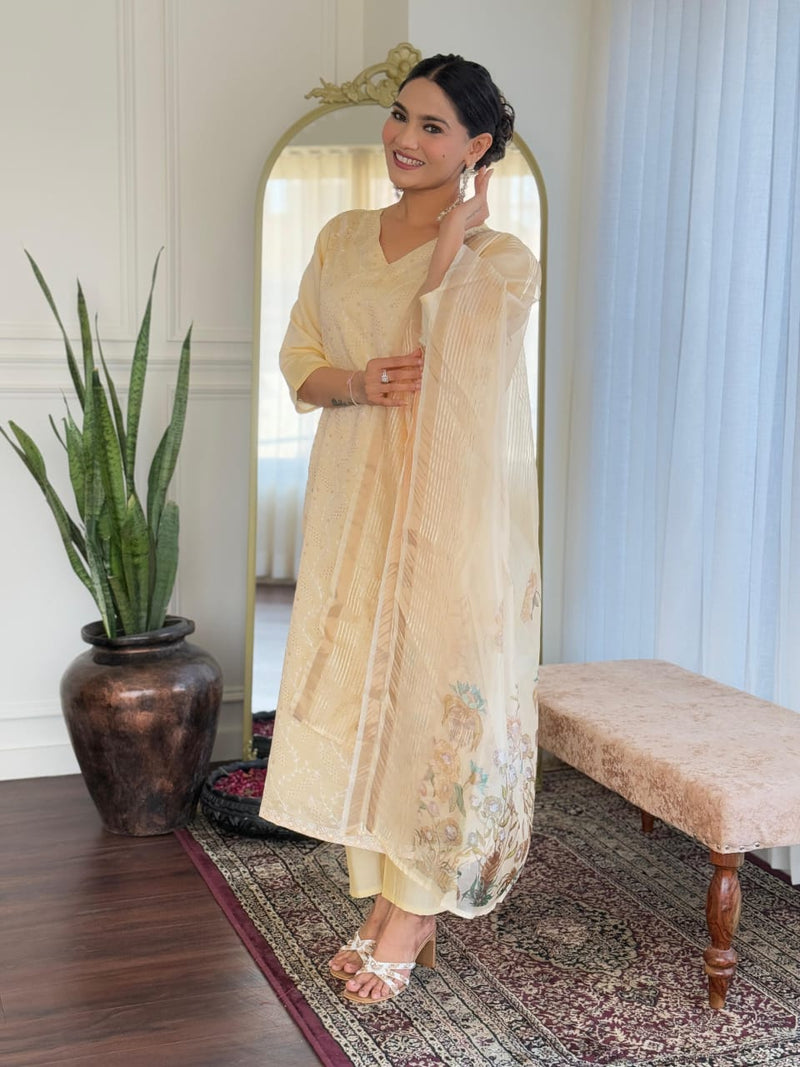 Utsaahit Fancy Elegant Roman silkKurta Set with Beautiful Chikankari Work