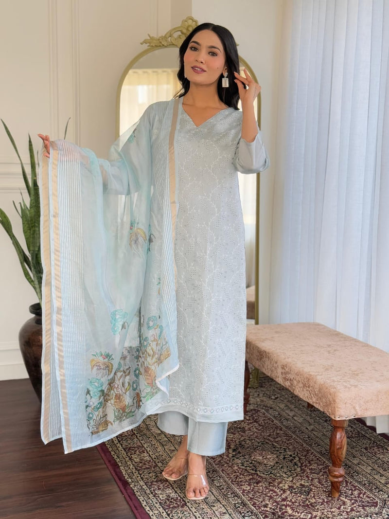 Utsaahit Fancy Elegant Roman silkKurta Set with Beautiful Chikankari Work