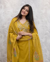 Stylish Women’s Cotton Yellow Embroidery Work Kurta Pant Dupatta Set - Utsaahit