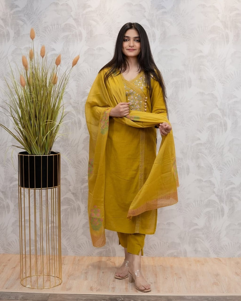 Stylish Women’s Cotton Yellow Embroidery Work Kurta Pant Dupatta Set - Utsaahit