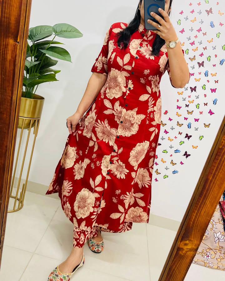 Red Printed Premium Cotton Cord Set - Utsaahit
