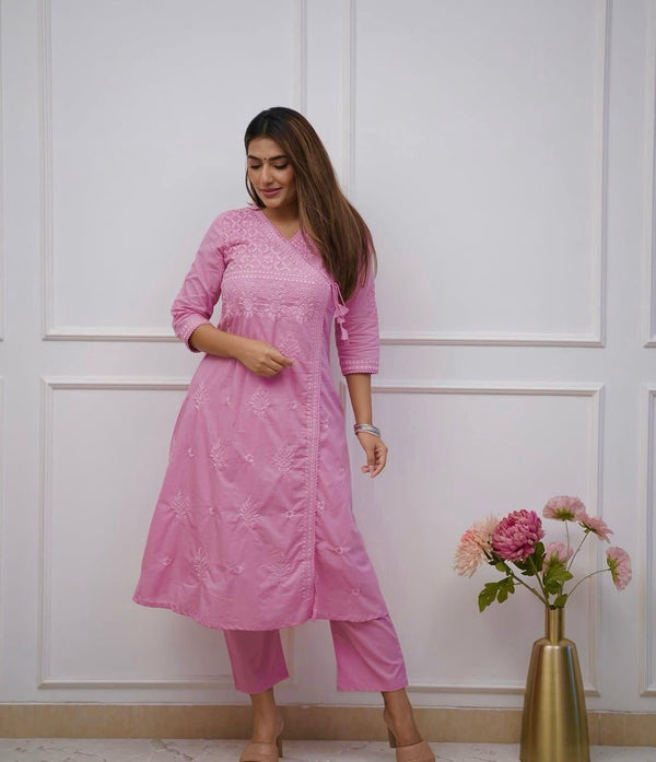 Cotton Chikankari Angrakha Kurta Pant Set for Women Summer Festive Wear