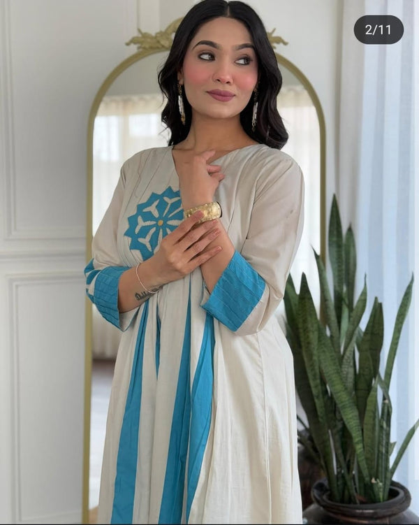 Aqua Bloom Jaipuri Cotton Kurti Pant Set for Women Floral Patchwork Summer No-Dupatta Set