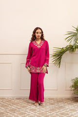 Women Pure Cotton V-Neck Embroidered Orange Co-Ord Set