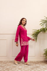 Women Pure Cotton V-Neck Embroidered Orange Co-Ord Set