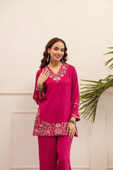 Women Pure Cotton V-Neck Embroidered Orange Co-Ord Set