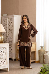 Women Pure Cotton V-Neck Embroidered Orange Co-Ord Set